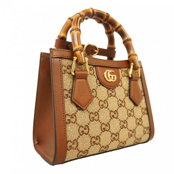 Gucci Bamboo Diana Crystal Handbag 707449 Canvas Leather Brown Beige 2-Way Ba... - Picture 2 of 13
